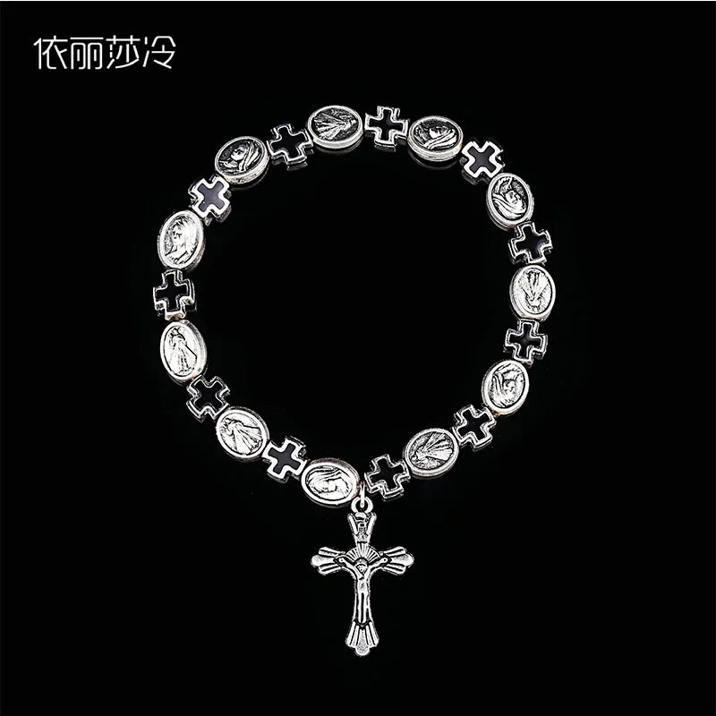 Jesus Cross Rosary Bracelet, Jesus Cross Handmade Bead Chain Rose, Sacred Heart Compassion Rosary Rosary Bracelet Gift