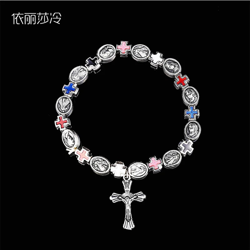 Jesus Cross Rosary Bracelet, Jesus Cross Handmade Bead Chain Rose, Sacred Heart Compassion Rosary Rosary Bracelet Gift