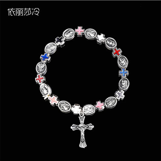Jesus Cross Rosary Bracelet, Jesus Cross Handmade Bead Chain Rose, Sacred Heart Compassion Rosary Rosary Bracelet Gift