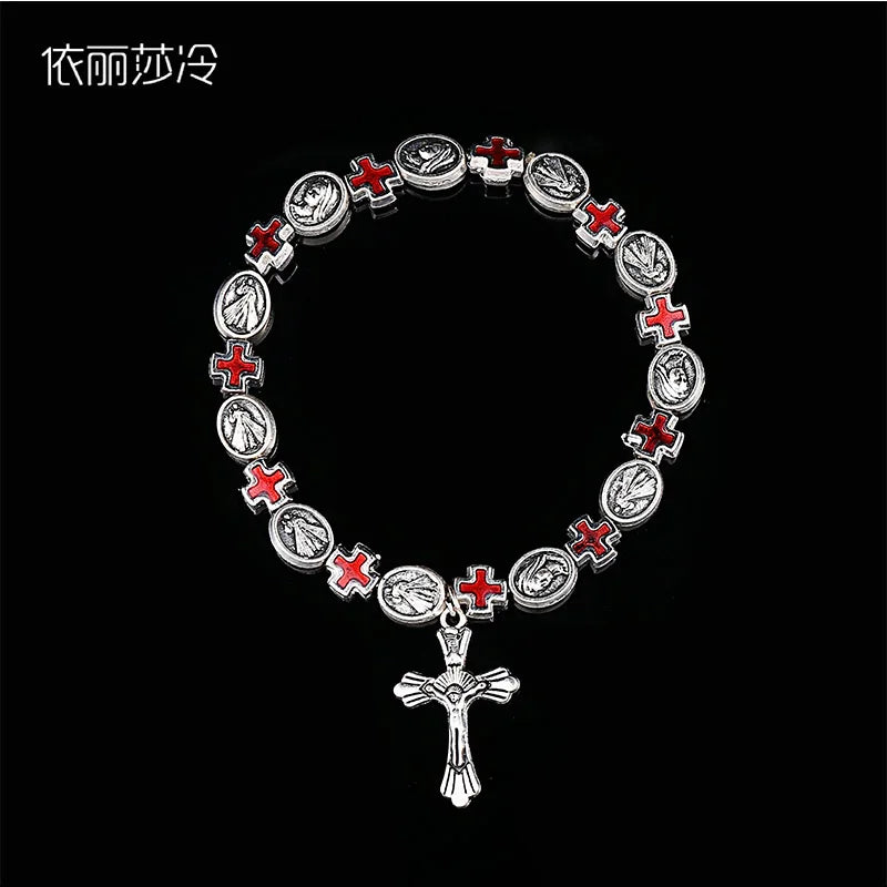 Jesus Cross Rosary Bracelet, Jesus Cross Handmade Bead Chain Rose, Sacred Heart Compassion Rosary Rosary Bracelet Gift