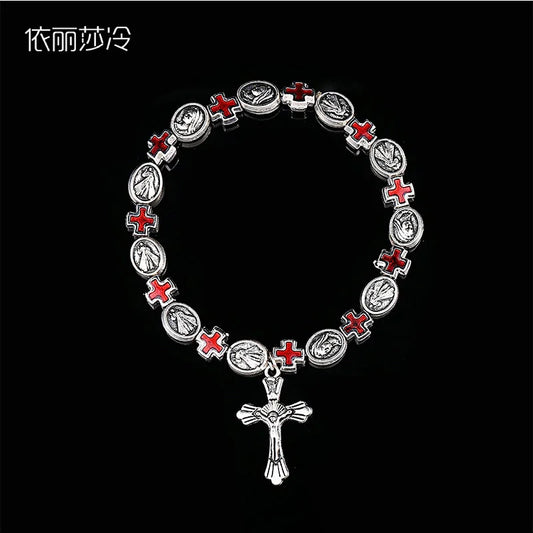 Jesus Cross Rosary Bracelet, Jesus Cross Handmade Bead Chain Rose, Sacred Heart Compassion Rosary Rosary Bracelet Gift