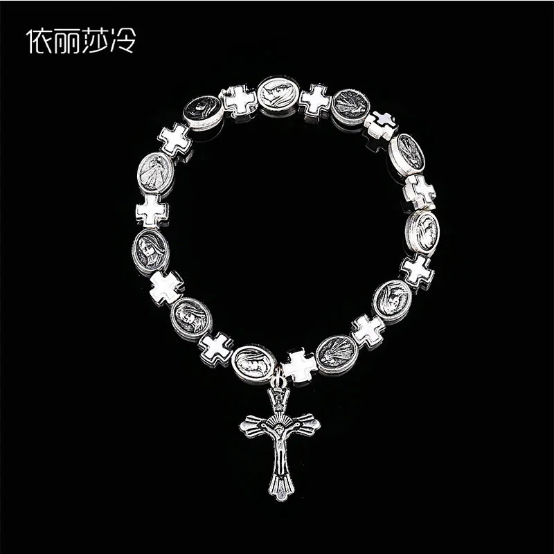 Jesus Cross Rosary Bracelet, Jesus Cross Handmade Bead Chain Rose, Sacred Heart Compassion Rosary Rosary Bracelet Gift