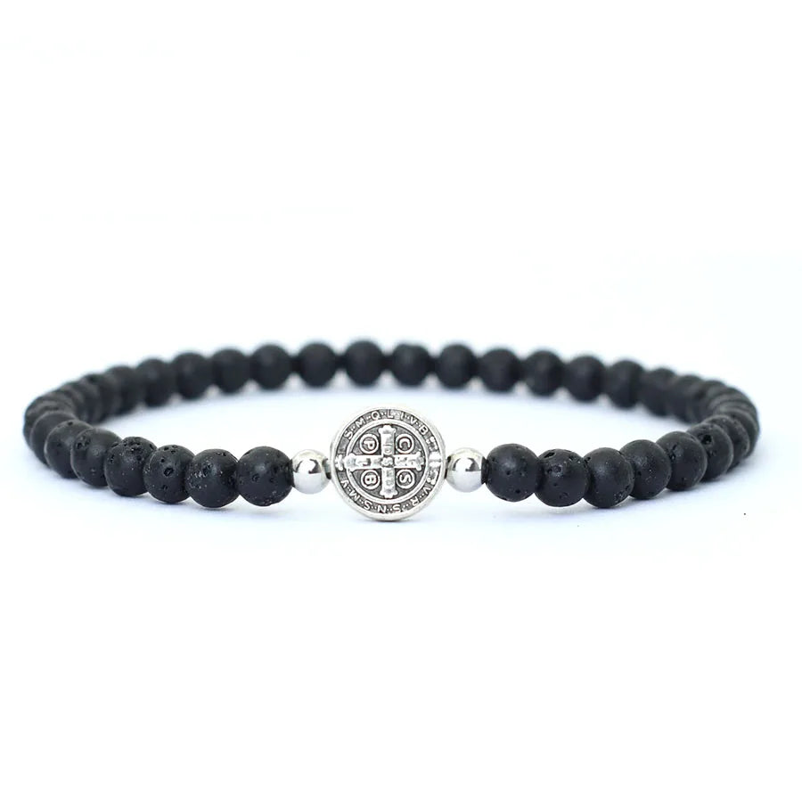 Noter New 4mm Beaded Bracelet For Men Minimalist Cross Braslet Natural Tiger Eyes Wood Braclet Meditation Onyx Stone Brazalete