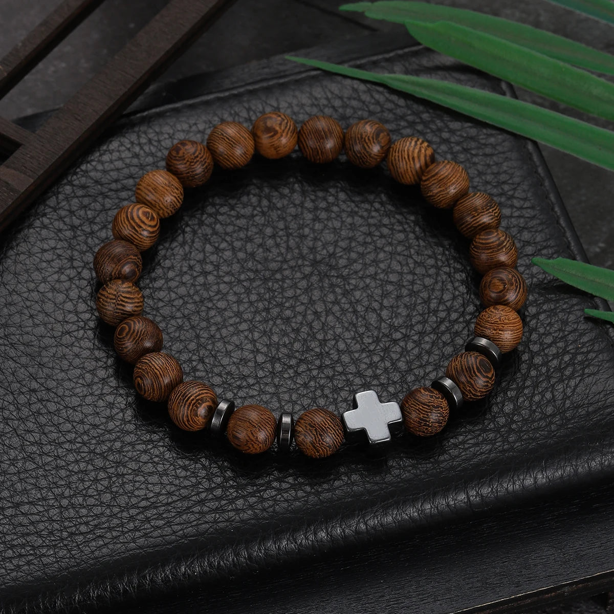 Hot Men Natural Wood Beads Cross Bracelets Onyx Meditation Prayer Bead Bracelet Women Wooden Yoga Jewelry Homme