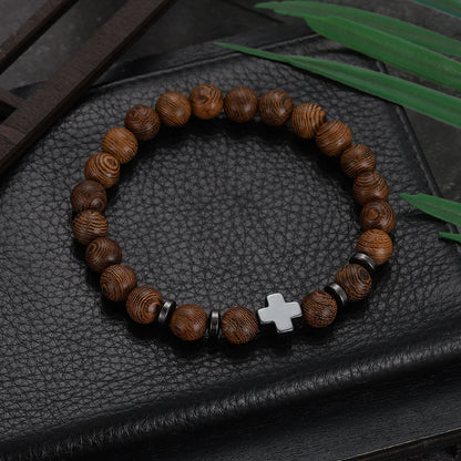 Hot Men Natural Wood Beads Cross Bracelets Onyx Meditation Prayer Bead Bracelet Women Wooden Yoga Jewelry Homme